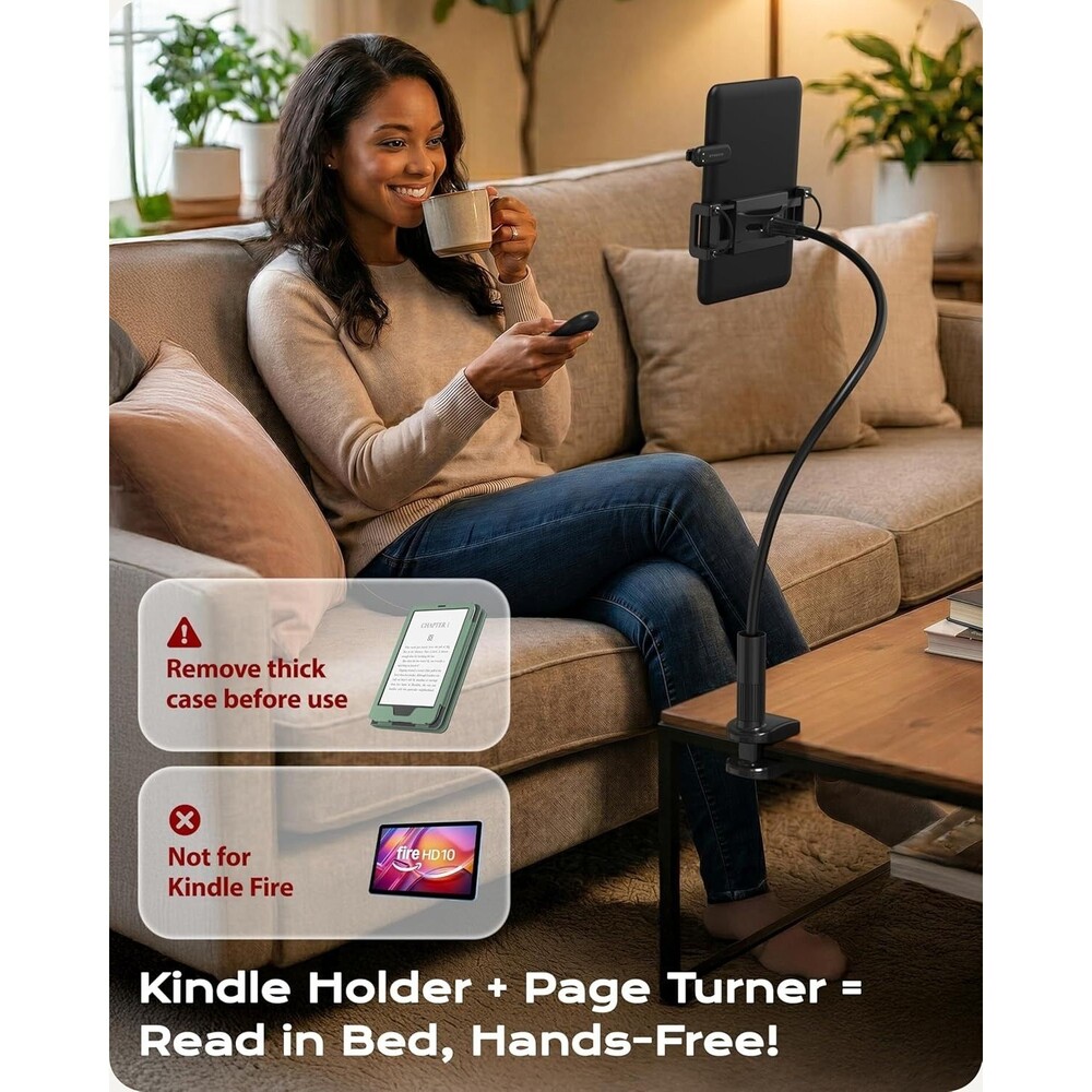 Flexible Kindle Holder with Remote Page Turner for Bed Reading Gooseneck Mount